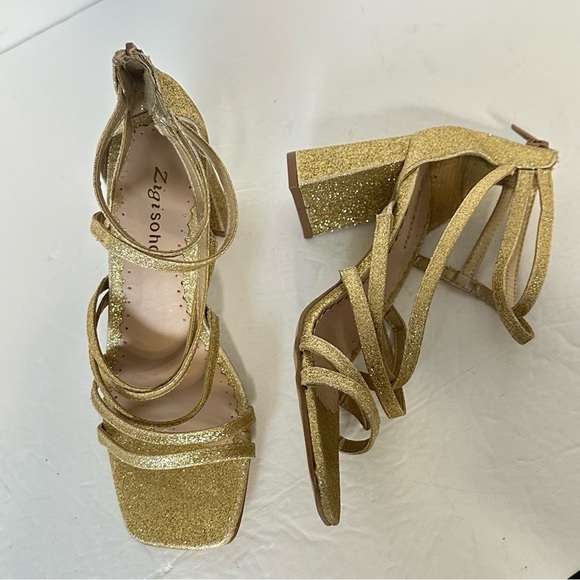 Gold Strappy Block Heel Sandals women size 8 sparkly zipper back 3’ heels party - Picture 13 of 15
